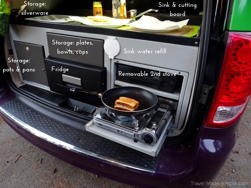 US road trip in campervan kitchen